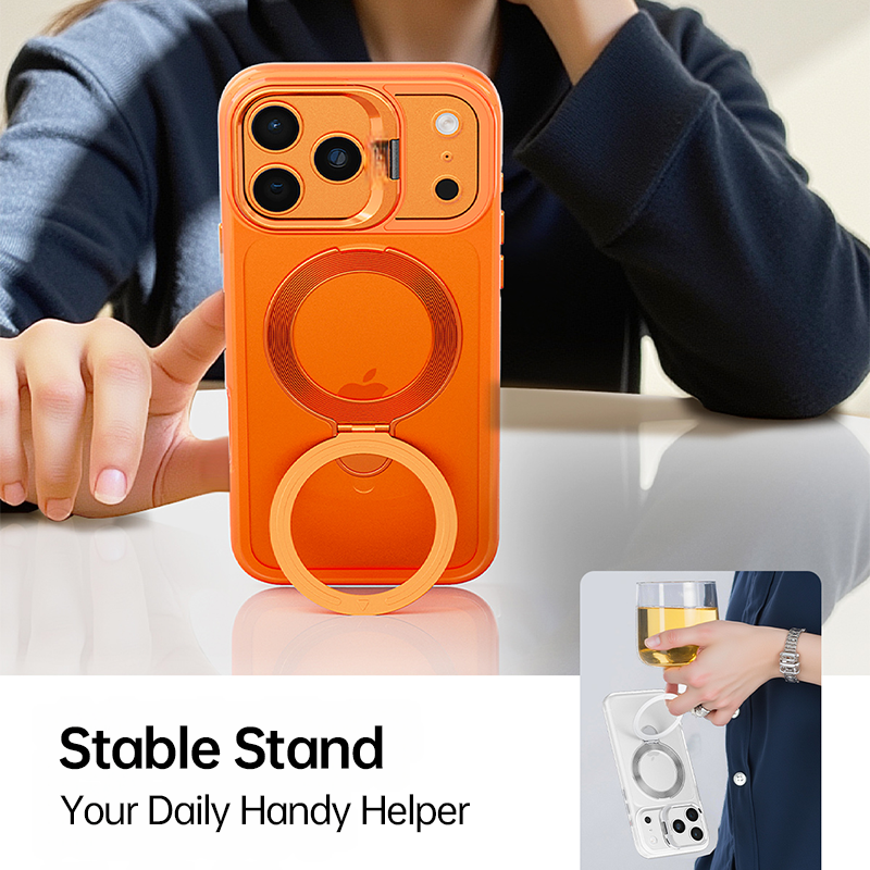 Dual Stand Design banner highlighting metallic ring and lens stand with MagSafe alignment.