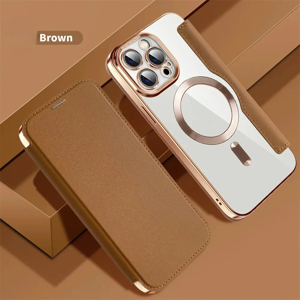 Flip leather wireless charging phone case for iPhone