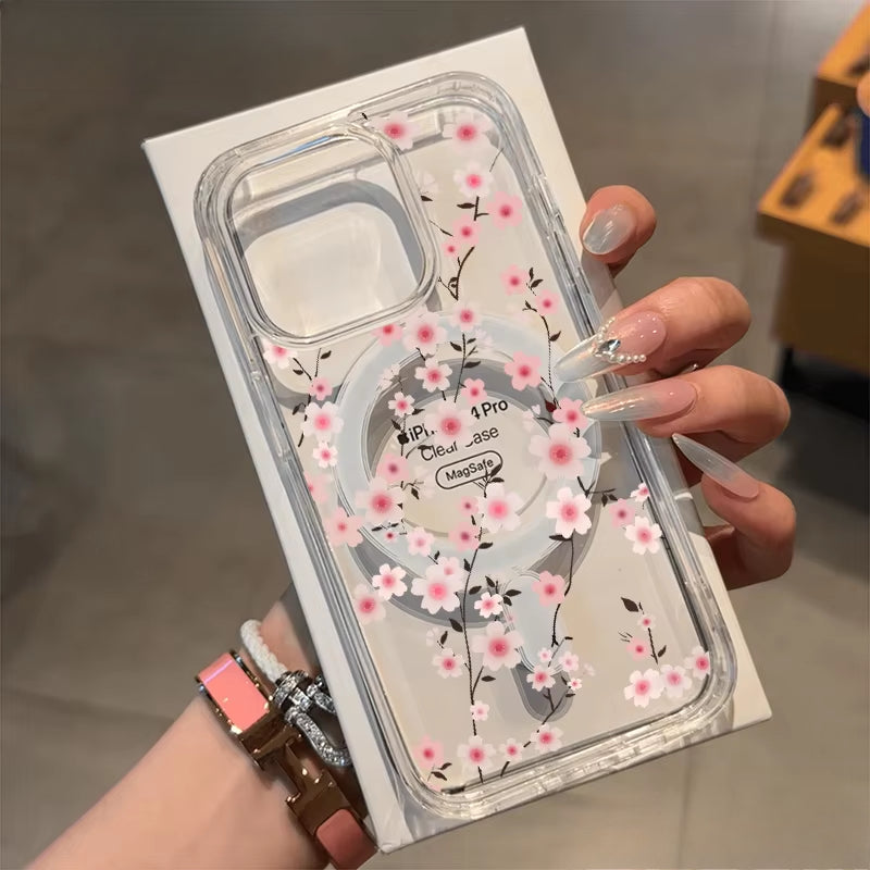 Pink butterfly flower transparent phone case for iPhone