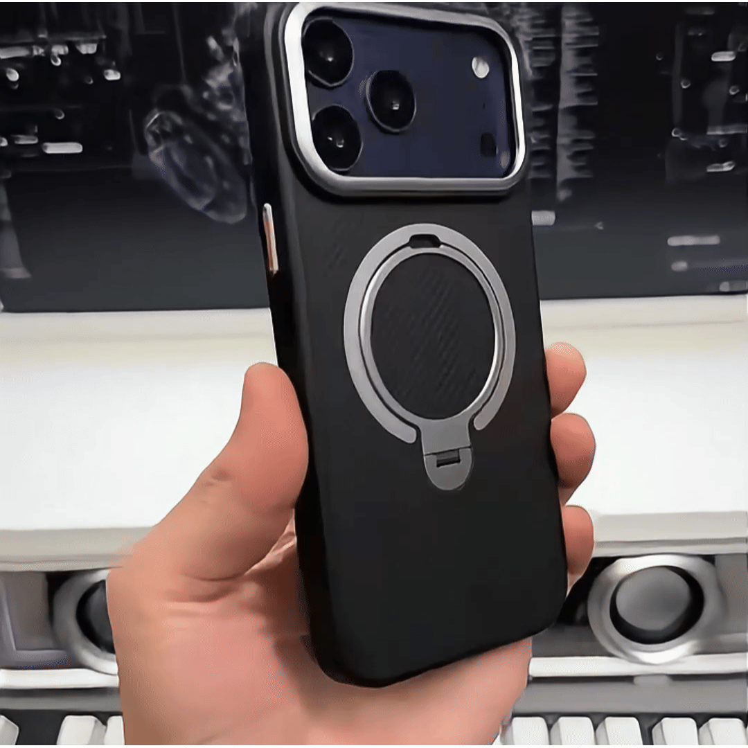 CASESUN carbon fiber iPhone 17 Pro Max case handheld view showing slim build and folded ring.