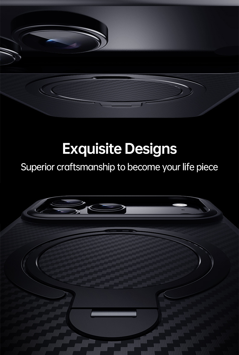 CASESUN close-up of carbon fiber iPhone 17 Pro Max case with integrated stand.