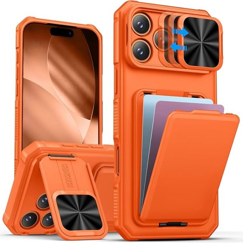 Card Holder & Kickstand & Slide Camera Lens Cover & Camera Stand & Wallet, Phone Case Cover for iPhone