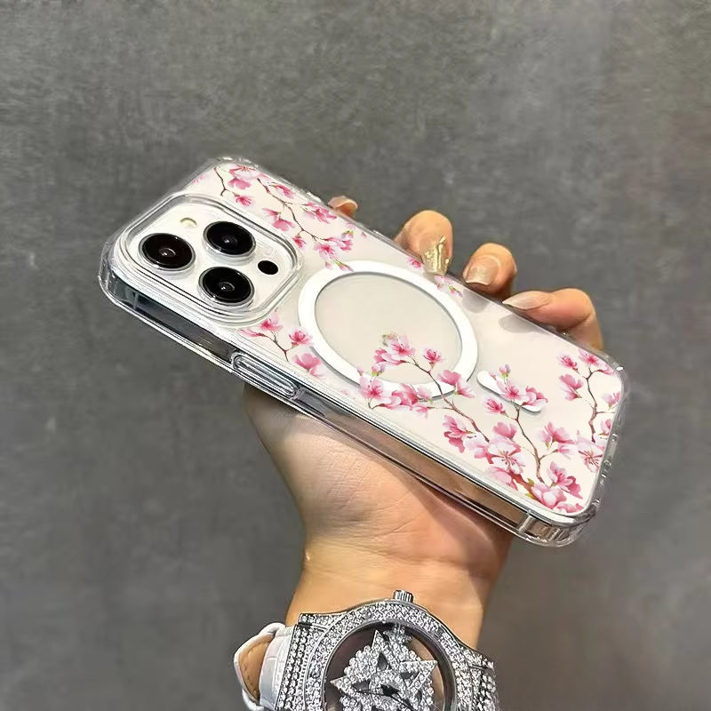 Pink butterfly flower transparent phone case for iPhone