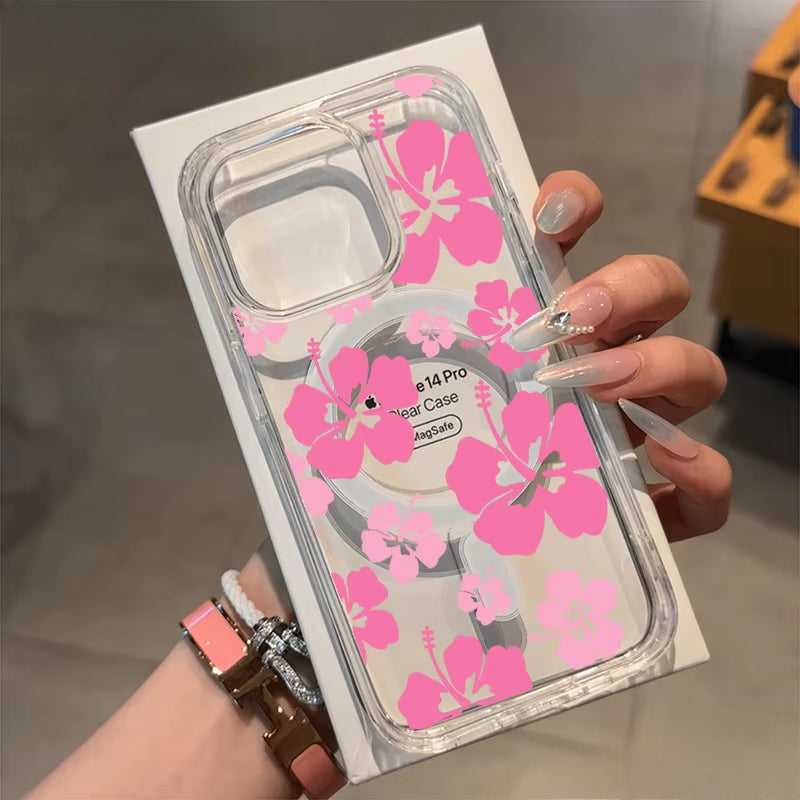 Pink butterfly flower transparent phone case for iPhone