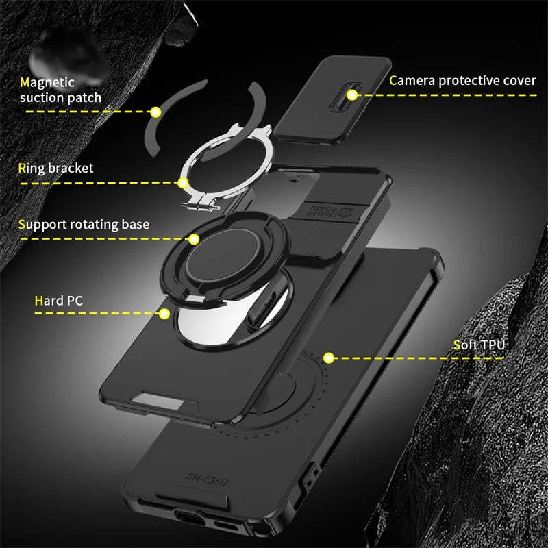 Samsung phone slider camera case with car magnetic mount and metal ring