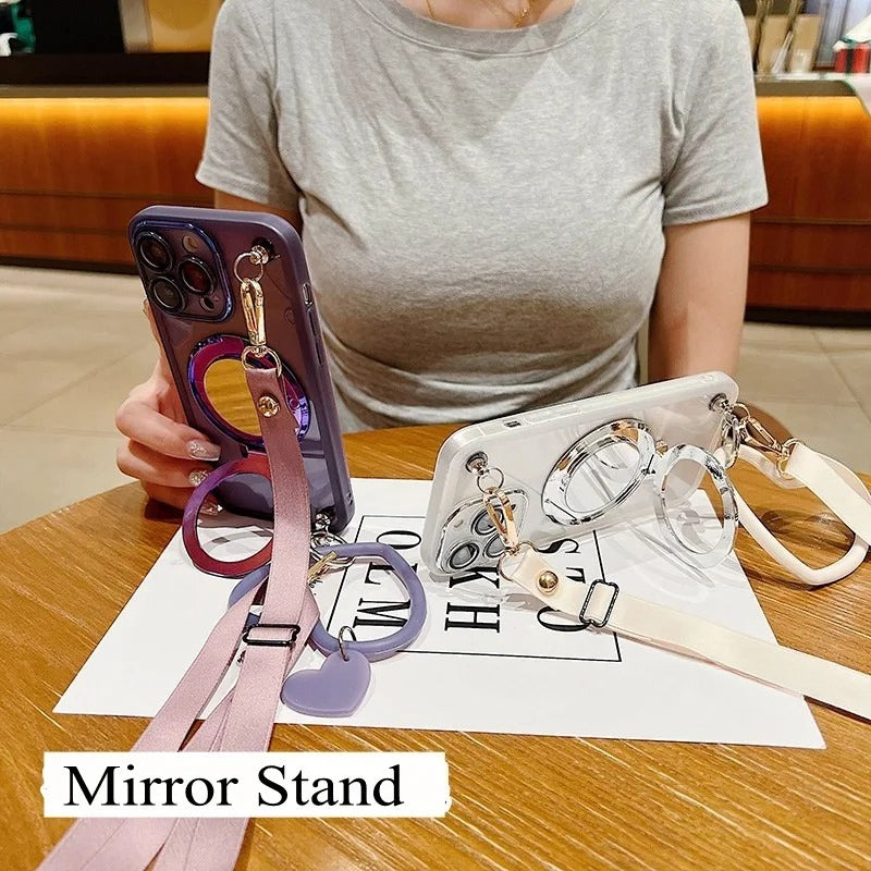Mirror Stand Silk Strap Transparent Crossbody Neck Lanyard Soft  Case For iPhone 