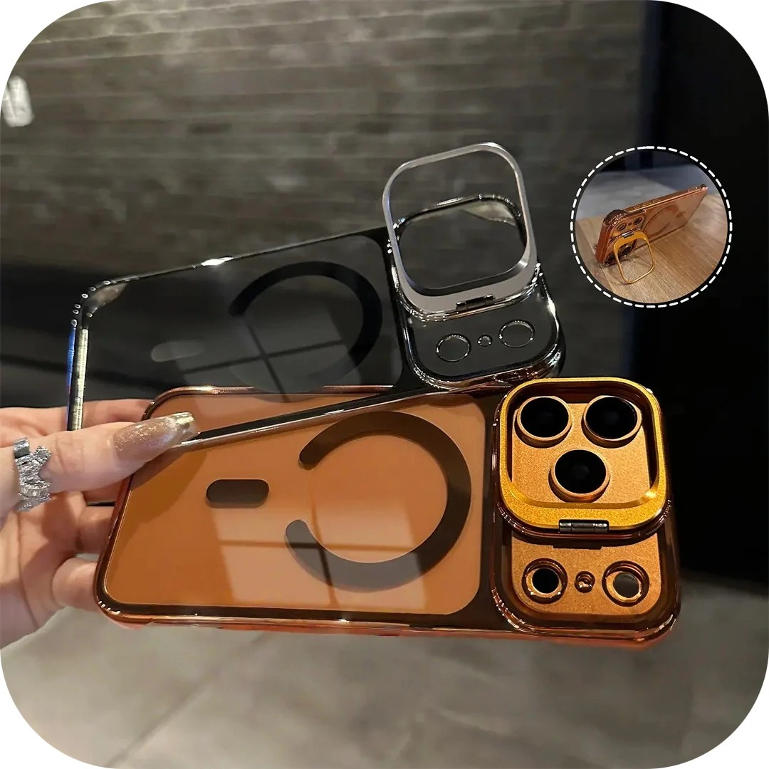 Two-tone LEKCASE iPhone 17 Magnetic Borderless Cases in silver and orange, both with detachable lens holders and magnetic backs.