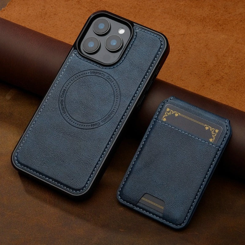 Detachable magnetic 2-in-1 genuine leather strap phone case with card slot for iPhone.
