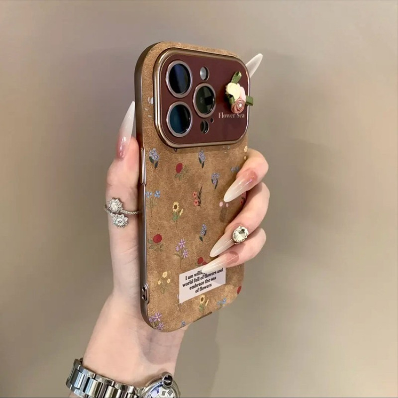 Niche brown floral pattern full-coverage shockproof phone case for iPhone