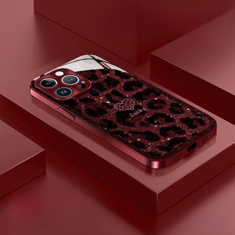 Leopard Print Glossy Tempered Glass Case For iPhone(Optional Wrist Strap)