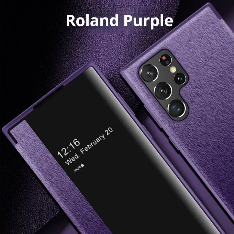 Plain leather side window flip phone case for Samsung