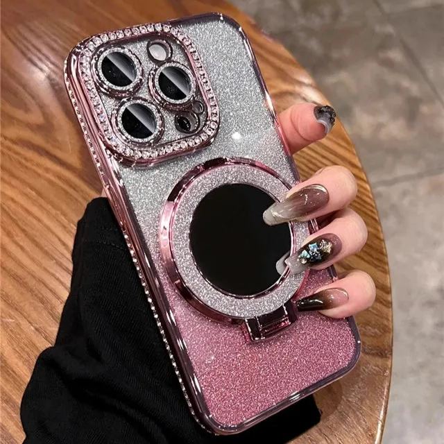 Luxury electroplated sparkling mirror holder with diamond frame suitable for iPhone