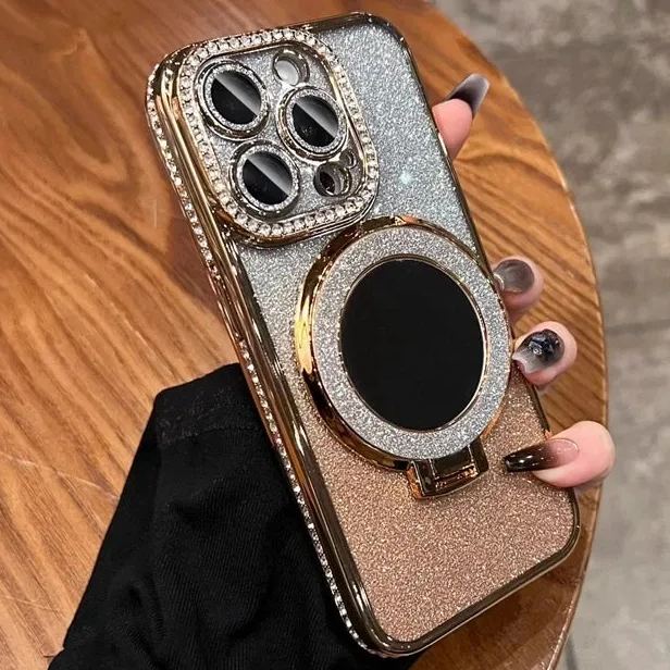 Luxury electroplated sparkling mirror holder with diamond frame suitable for iPhone