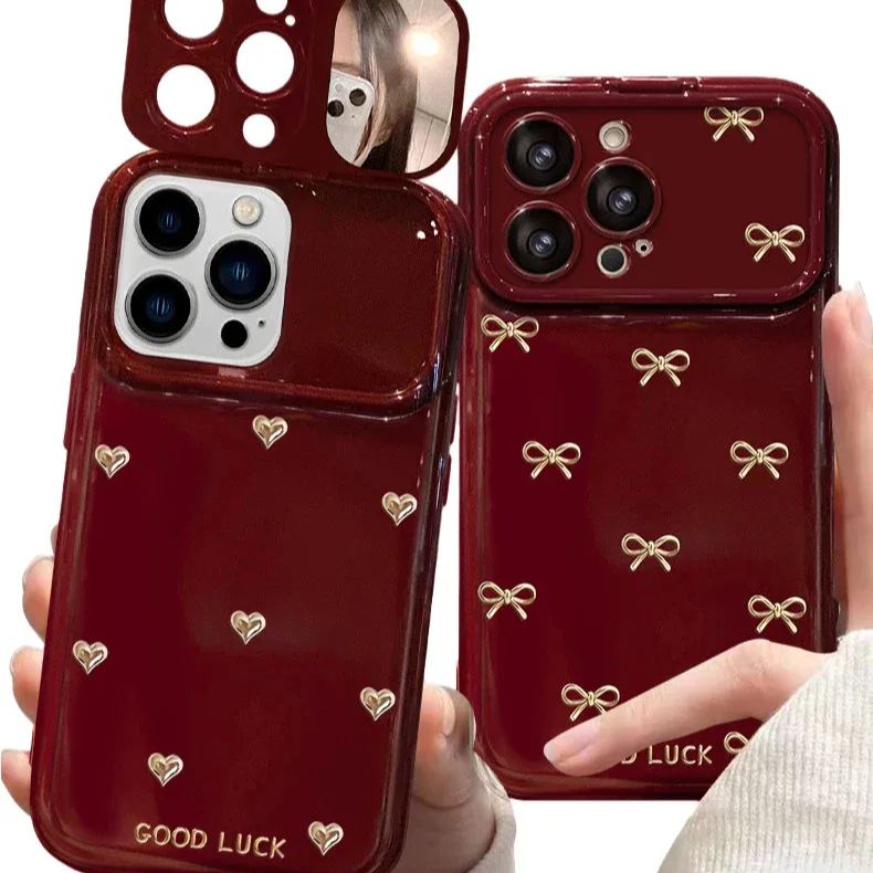 💖Lucky Bow & Heart Mirror Case For iPhone with Strap
