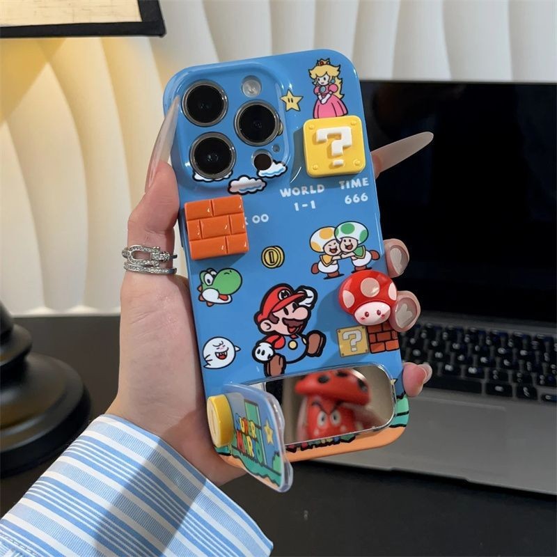 Super Mario Bros Phone Case for iPhone Serises with Mirror Holder Stand Cover