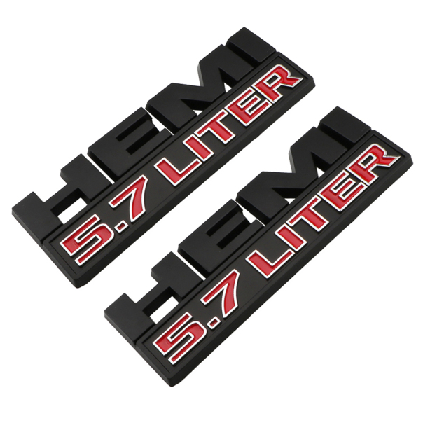 2PCS HEMI 5.7 LITER Black Red 3D Sticker Side Fender Emblems Badges For RAM 1500