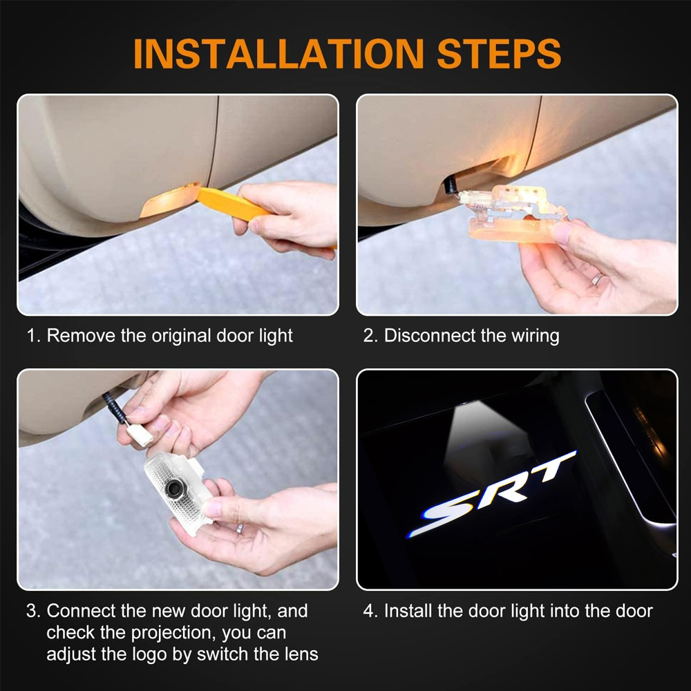 2PCS Challenger Hellcat SRT 2015-2022 Quartz Glass Never Fade Ghost LED Door Step Courtesy Shadow Lights White Dodge