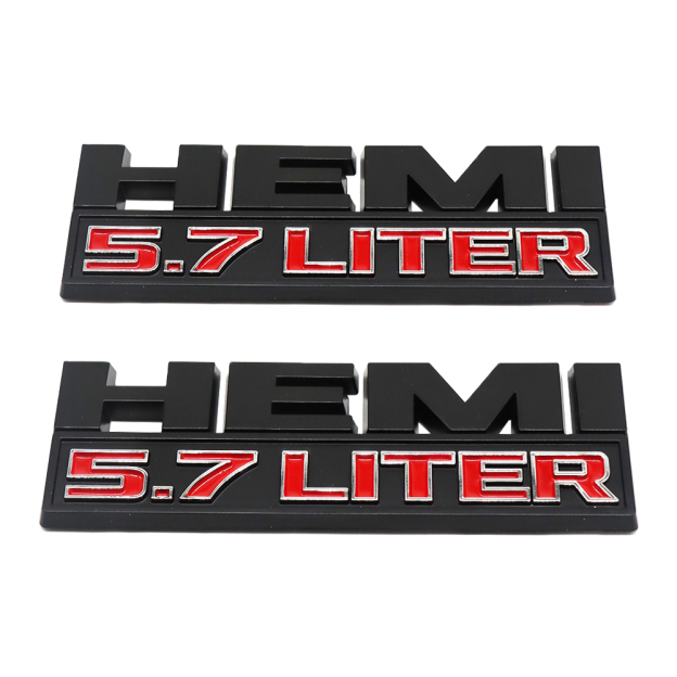 2PCS HEMI 5.7 LITER Black Red 3D Sticker Side Fender Emblems Badges For RAM 1500