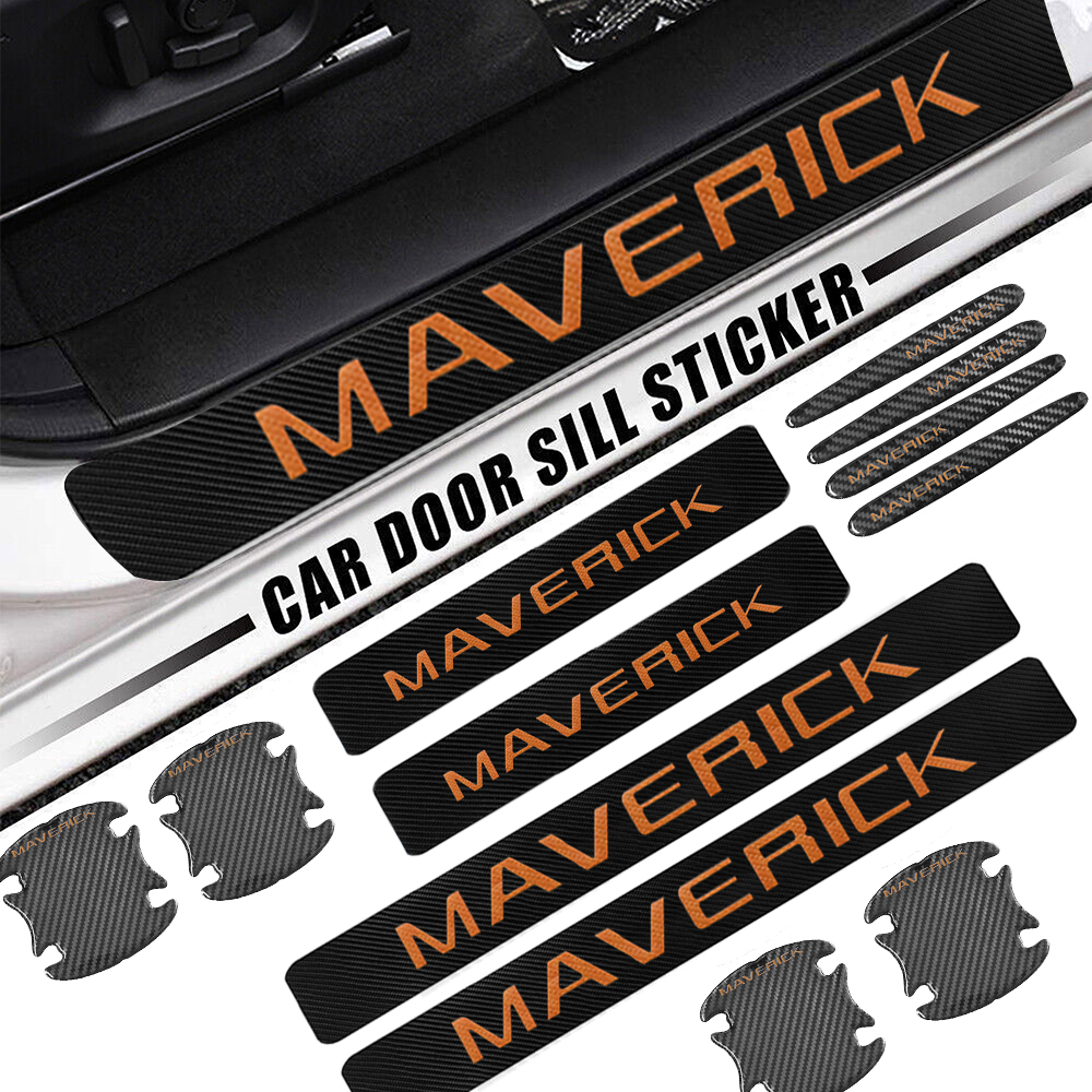 12Pcs Maverick Carbon Fiber Black Orange Ford Door Sill Scuff Covers Protector Door Cup Handle Stickers Set