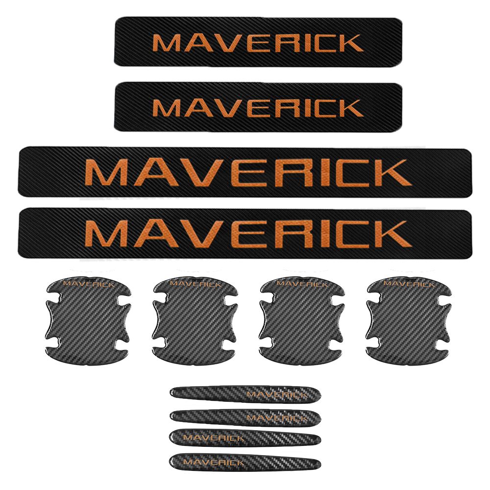 12Pcs Maverick Carbon Fiber Black Orange Ford Door Sill Scuff Covers Protector Door Cup Handle Stickers Set