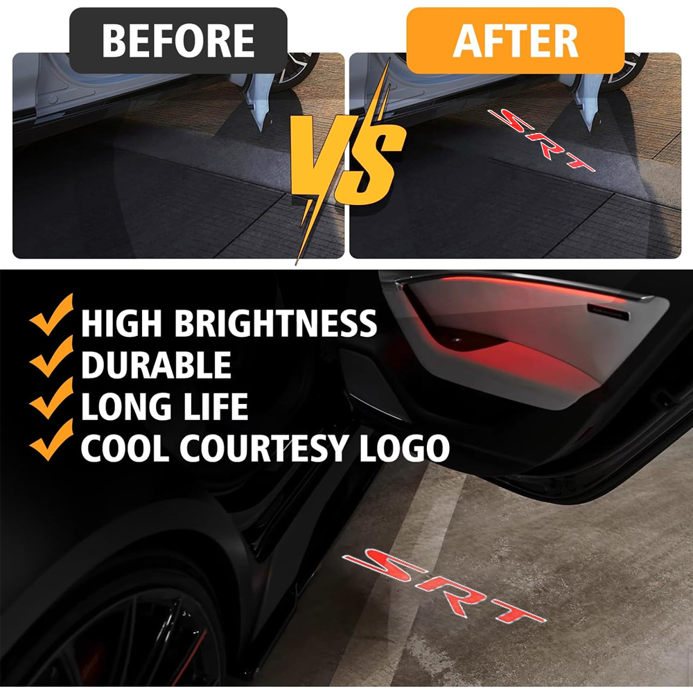 2PCS Challenger SRT 2008-2023 Quartz Glass Never Fade Ghost LED Door Step Courtesy Shadow Lights Red Dodge