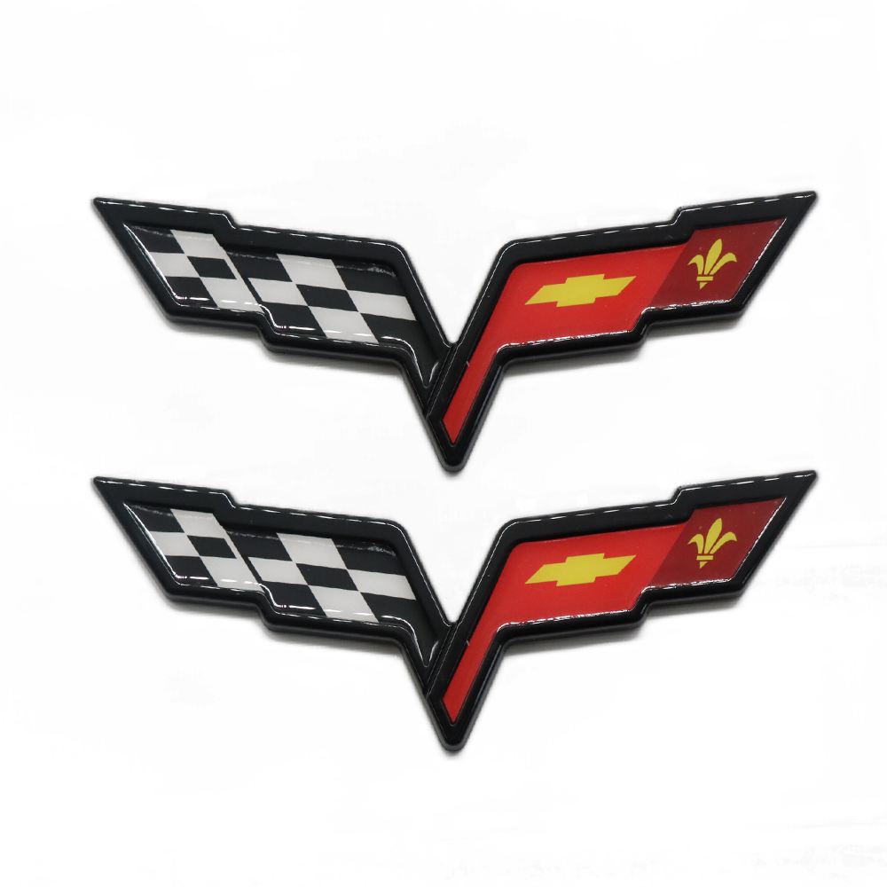 2pcs 2005-2013 C6 Corvette Plastic Front Hood Rear Crossed Flags Badge Gloss Chevrolet