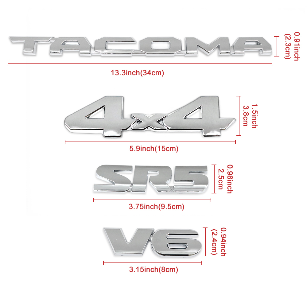 6PCS 2016-2023 Tacoma Emblem 3D Badge Letters Kit SR5 V6 4x4 Gloss Chrome Toyota