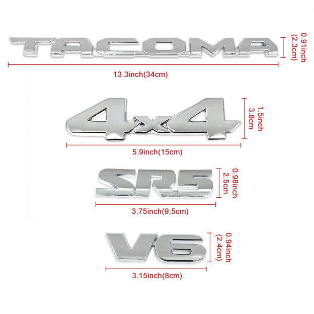 6PCS 2016-2023 Tacoma Emblem 3D Badge Letters Kit SR5 V6 4x4 Gloss Chrome Toyota