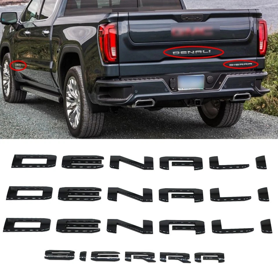 4Pcs 2019-2024 Denali Sierra 1500 2500HD 3500HD ABS Plastic Door Side Letters Gloss Black GMC