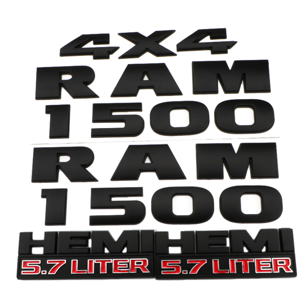 Dodge RAM 1500 2013-2018 Emblem Badge Ram 1500 4X4 5.7 Liter HEMI 3D Sticker Decal Matte Black Red 5PCS SET
