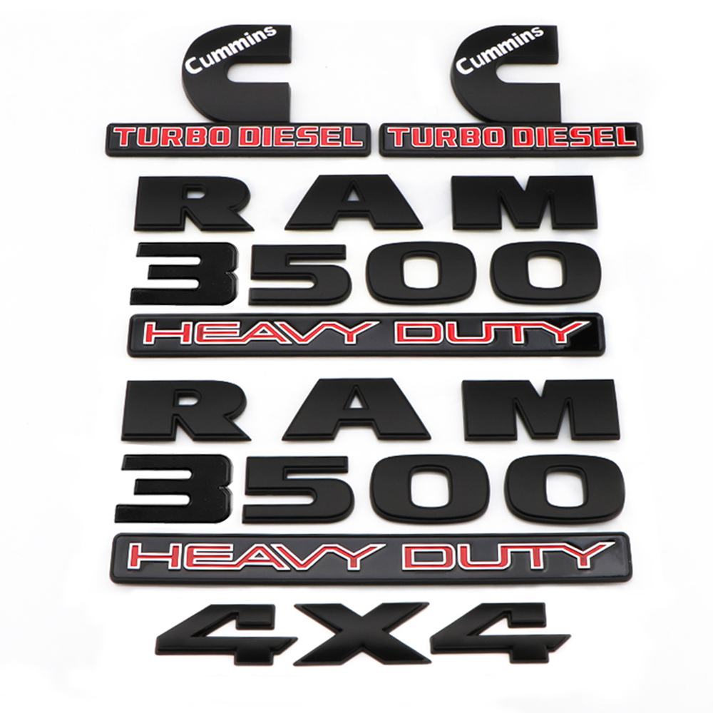Dodge RAM 3500 2011-2018 Emblem Badges Nameplate RAM 3500 HEAVY DUTY 4X4 Cummins Turbo Diesel Matte Black Red 5PCS SET