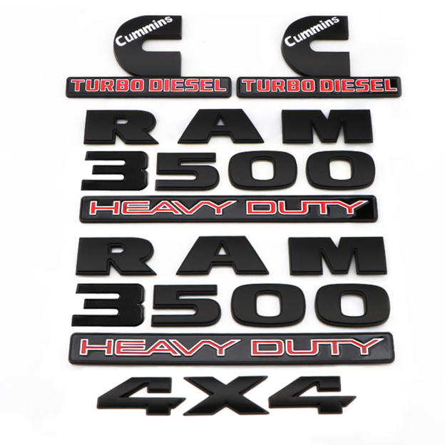 Dodge RAM 3500 2011-2018 Emblem Badges Nameplate RAM 3500 HEAVY DUTY 4X4 Cummins Turbo Diesel Matte Black Red 5PCS SET