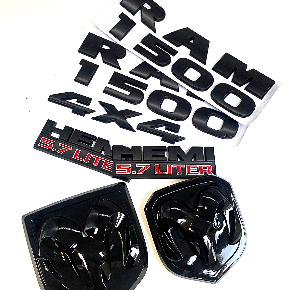 Dodge RAM 1500 Front & Rear RAM Head Emblem + RAM 1500 4X4 Hemi 5.7 liter  Badges Nameplate Black Red 
