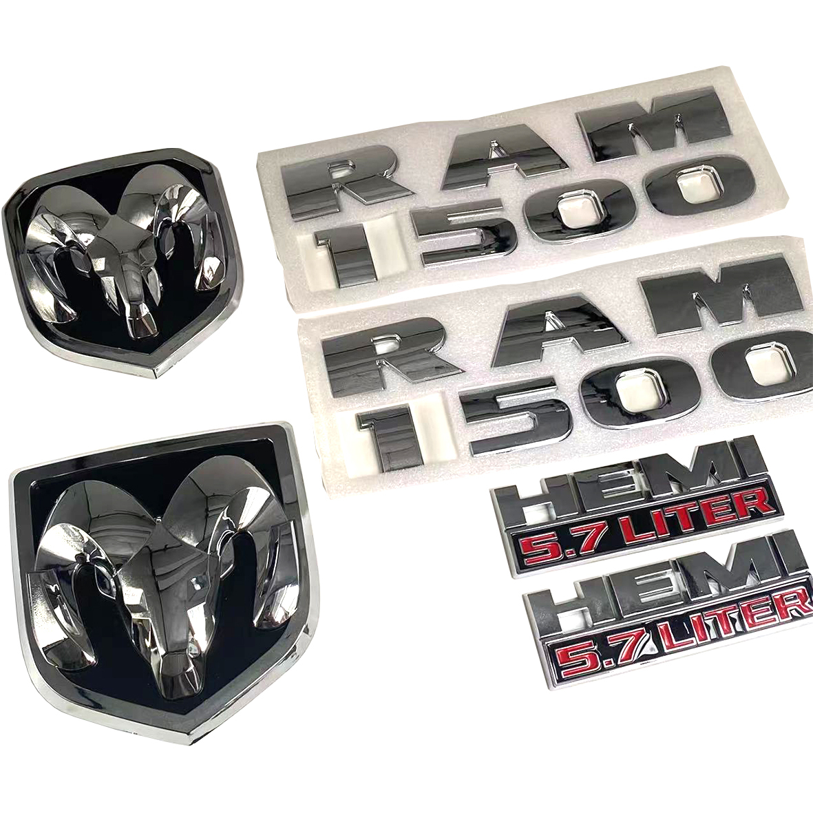 Dodge RAM 1500 Front & Rear RAM Head Emblem + RAM 1500 Hemi 5.7 liter  Badges Nameplate Chrome Red 