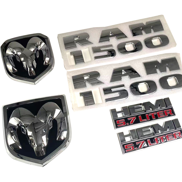 Dodge RAM 1500 Front & Rear RAM Head Emblem + RAM 1500 Hemi 5.7 liter  Badges Nameplate Chrome Red 