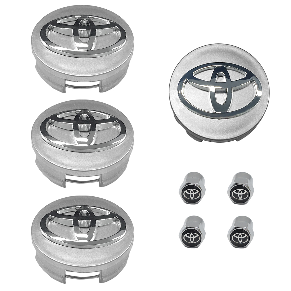 4x TOYOTA WHEEL RIMS CENTER HUB CAP CAPS SILVER BASE CHROME LOGO 62MM CAMRY +MOR&4 Tire Valve Stem Caps