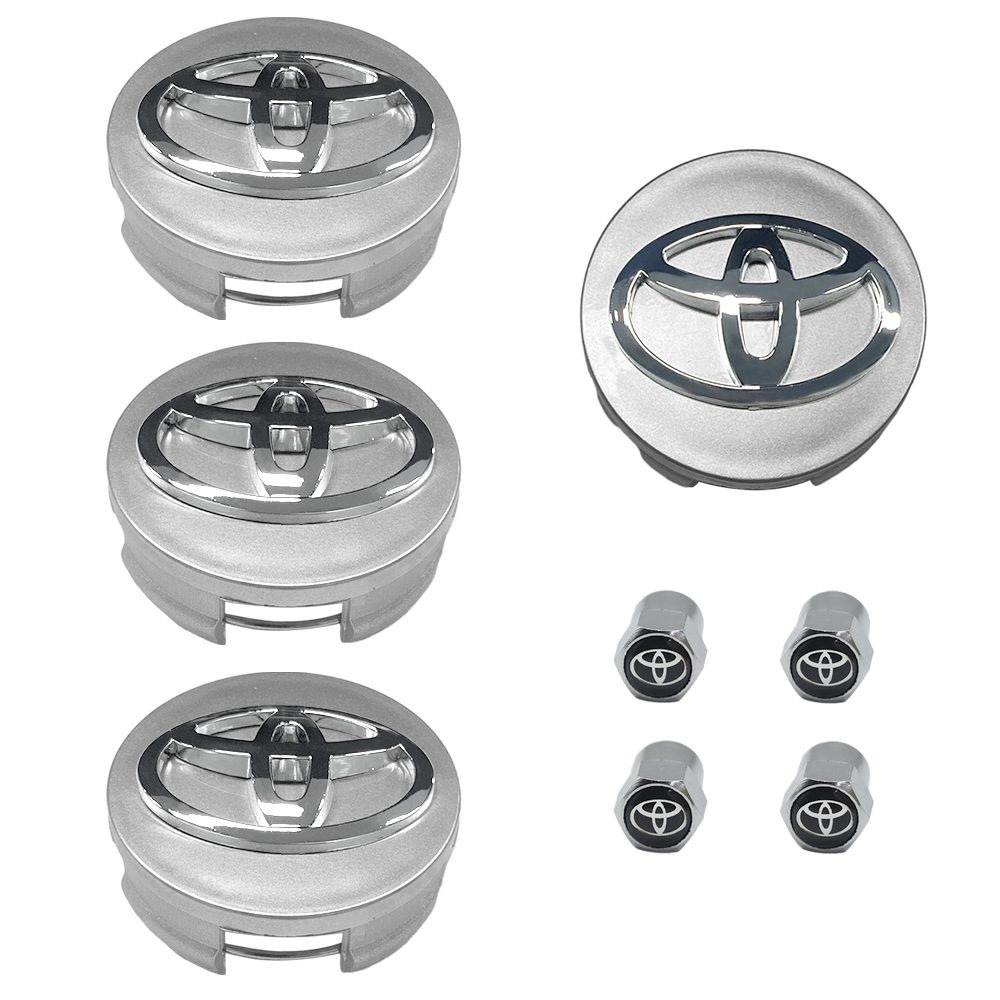 4x TOYOTA WHEEL RIMS CENTER HUB CAP CAPS SILVER BASE CHROME LOGO 62MM CAMRY +MOR&4 Tire Valve Stem Caps