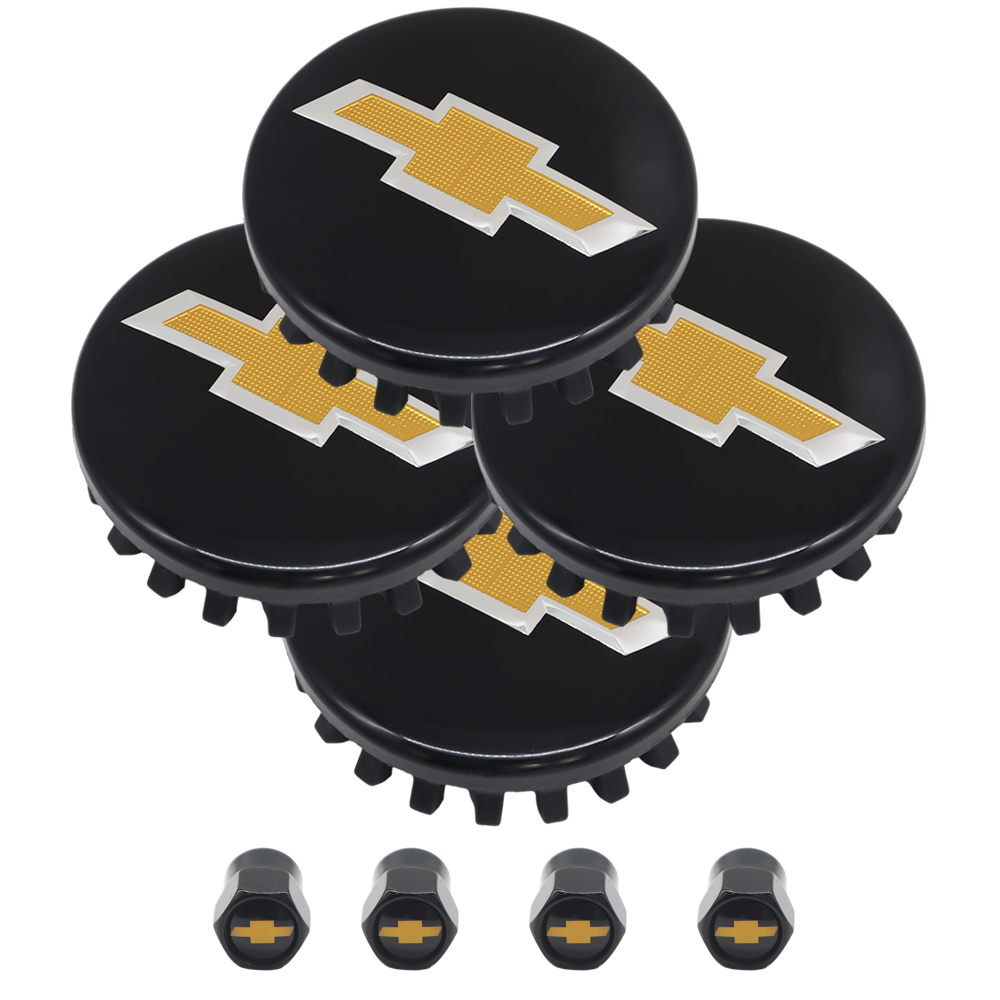 Complete Black & Gold Kit: 83mm Center Caps & Valve Caps for Chevrolet Silverado, Suburban, Tahoe