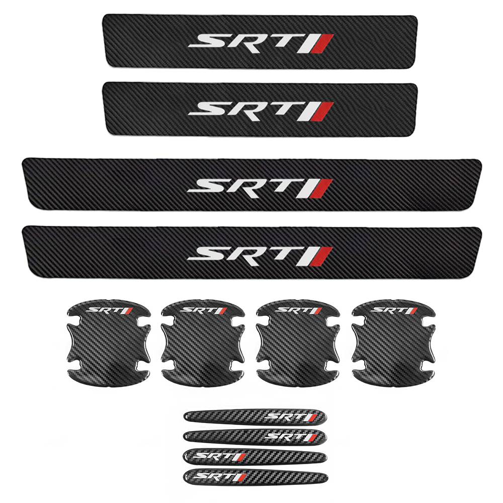 12Pcs SRT Carbon Fiber Black Red Door Sill Scuff Covers Protector Dodge Door Cup Handle Stickers Set