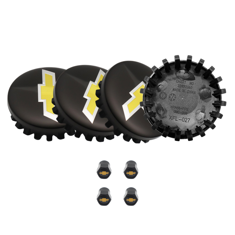 Complete Black & Gold Kit: 83mm Center Caps & Valve Caps for Chevrolet Silverado, Suburban, Tahoe
