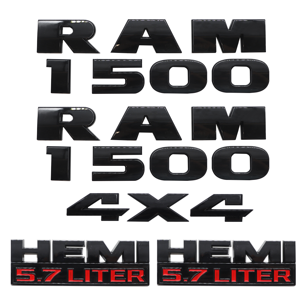 5PCS 2013-2018 RAM 1500 4X4 HEMI 5.7 Liter ABS Badge 3D Sticker Decal Glossy Black Red Dodge 68247897AA
