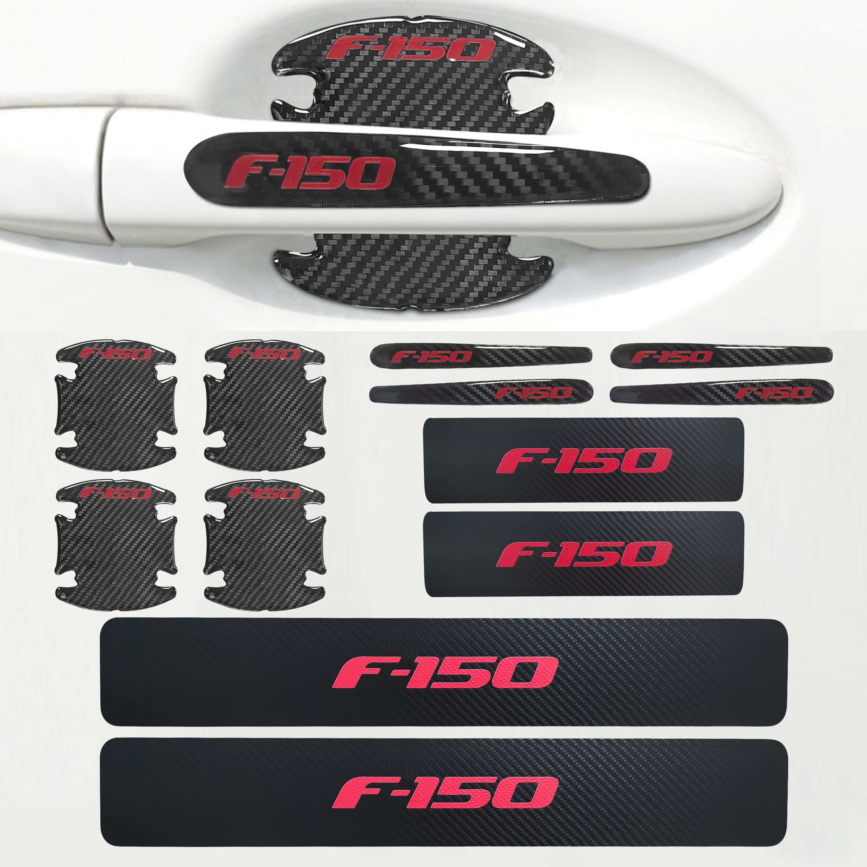 12Pcs F-150 Carbon Fiber Black Red Ford Door Sill Scuff Covers Protector Door Cup Handle Stickers Set