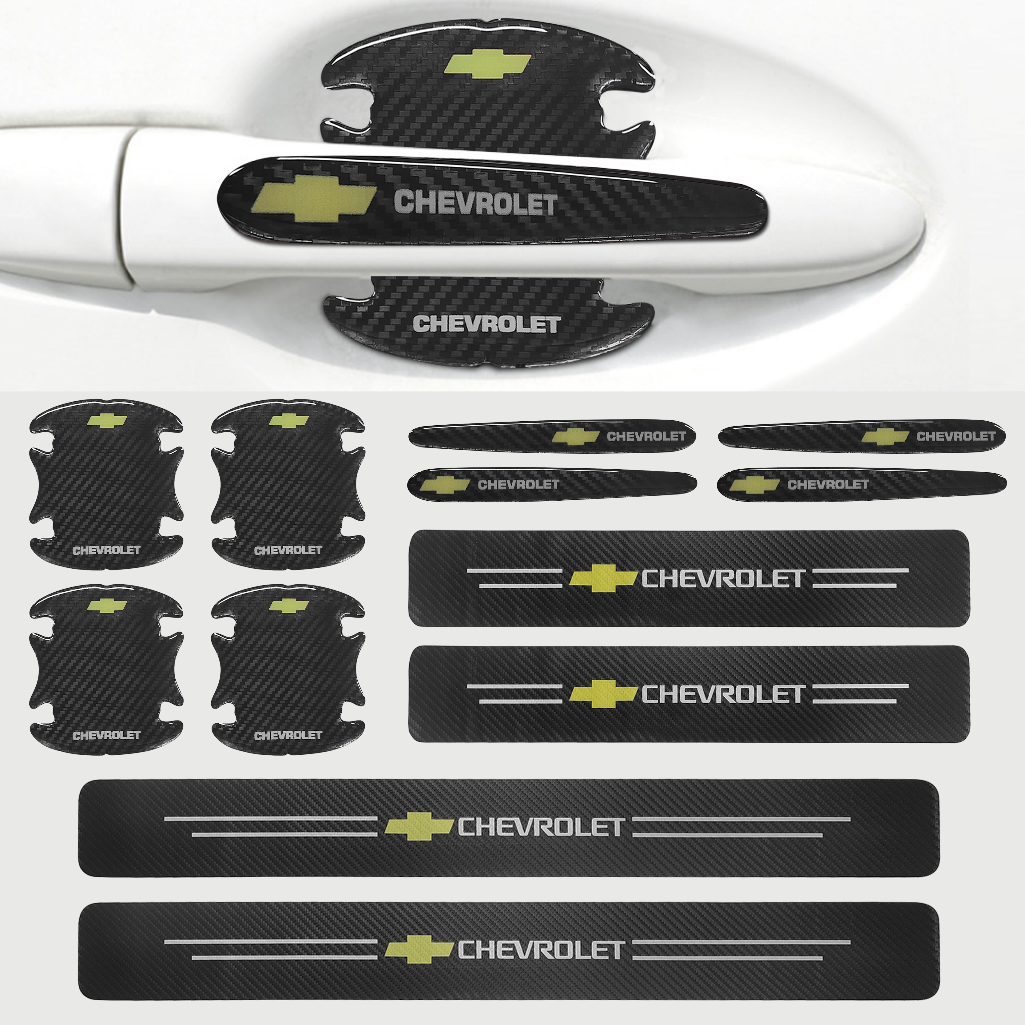 12Pcs Chevrolet Carbon Fiber Black Red Door Sill Scuff Covers Protector Door Cup Handle Stickers Set