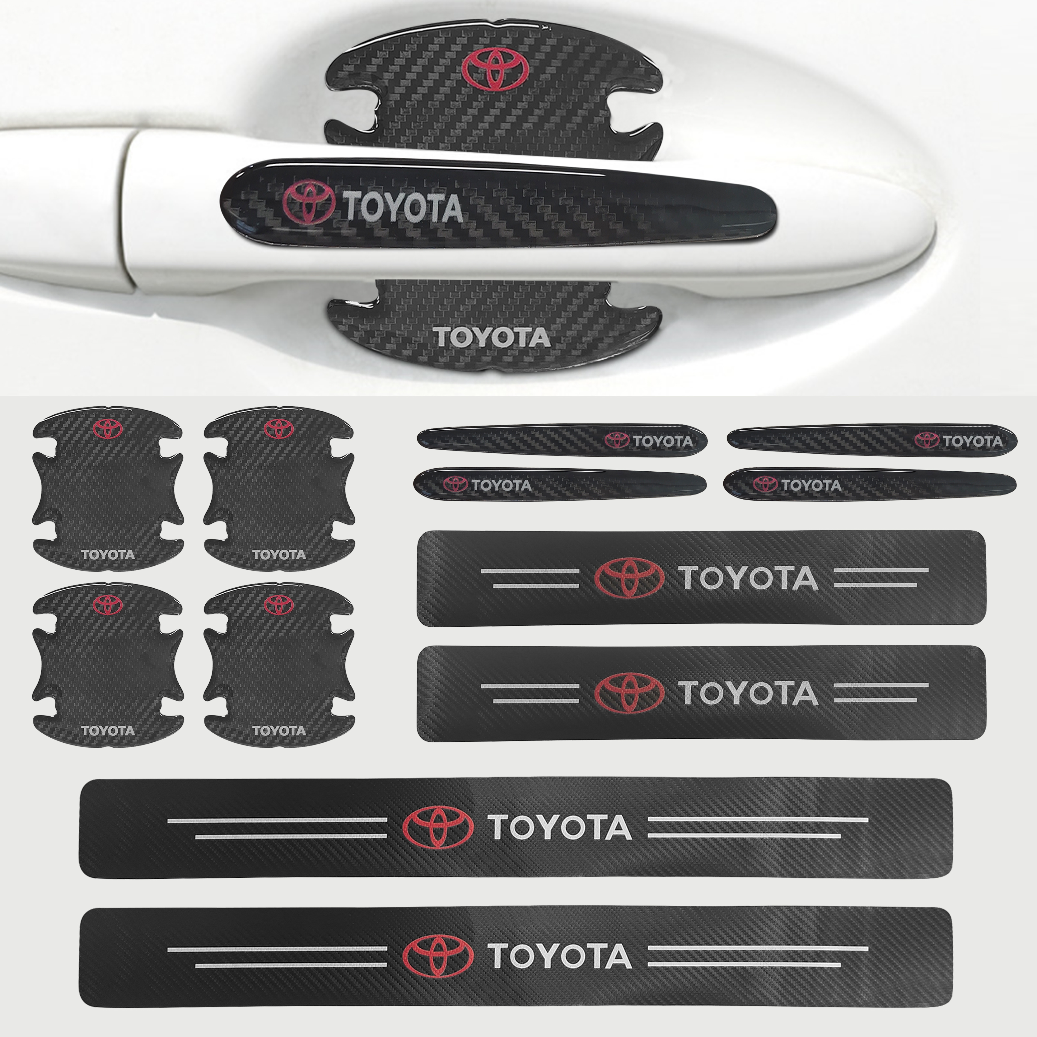 12PCS Universal Carbon Fiber Texture Car Door Plate Sill Scuff Cover Anti Handle Cup Bowl Sticker Protector Black Toyota