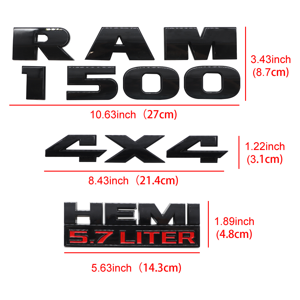 5PCS 2013-2018 RAM 1500 4X4 HEMI 5.7 Liter ABS Badge 3D Sticker Decal Glossy Black Red Dodge 68247897AA