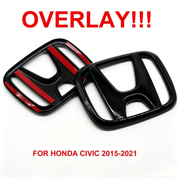 2Pcs 2015-2021 Civic ABS Overlay Front Grille Rear Emblem Gloss Black Honda 75722-TBA-A00