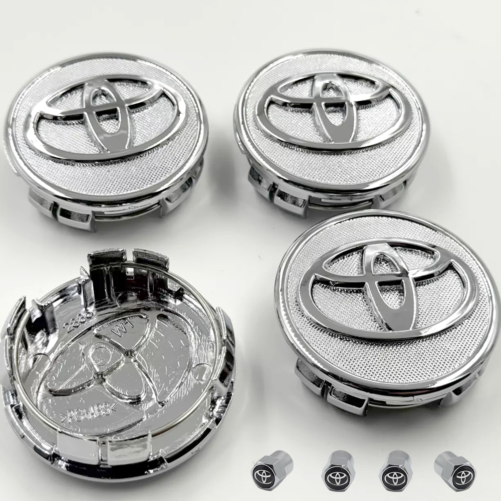 SET 4 TOYOTA WHEEL CENTER CAPS 57 MM SILVER/CHROME COROLLA PRIUS YARIS&4 Tire Valve Stem Caps