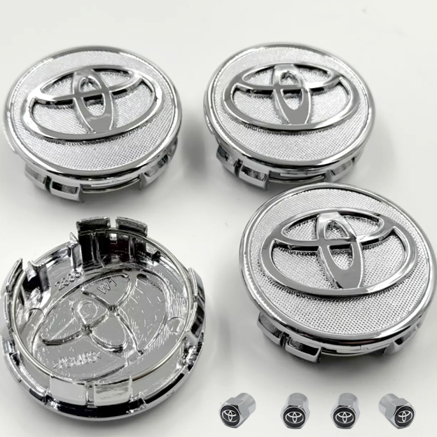 SET 4 TOYOTA WHEEL CENTER CAPS 57 MM SILVER/CHROME COROLLA PRIUS YARIS&4 Tire Valve Stem Caps