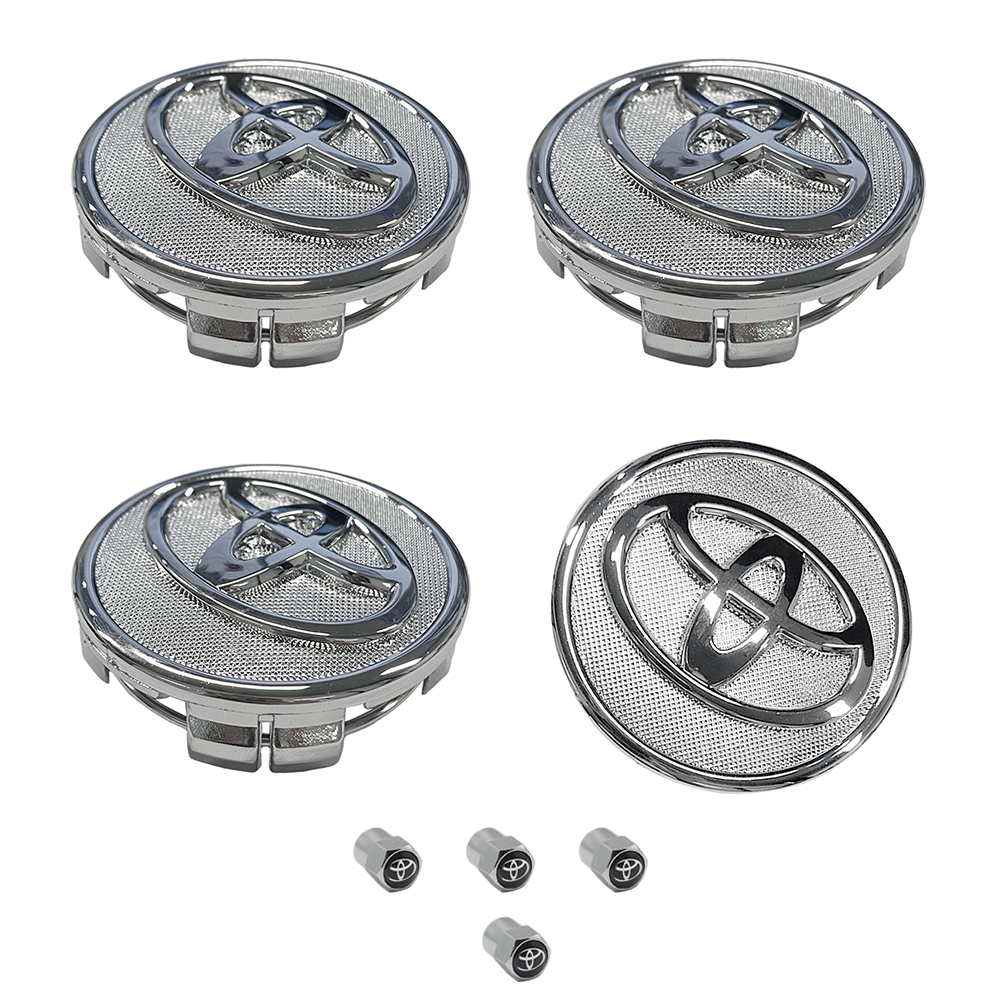 SET 4 TOYOTA WHEEL CENTER CAPS 57 MM SILVER/CHROME COROLLA PRIUS YARIS&4 Tire Valve Stem Caps