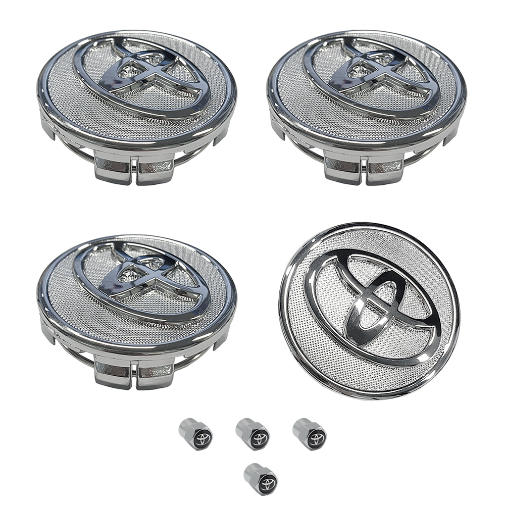 SET 4 TOYOTA WHEEL CENTER CAPS 57 MM SILVER/CHROME COROLLA PRIUS YARIS&4 Tire Valve Stem Caps